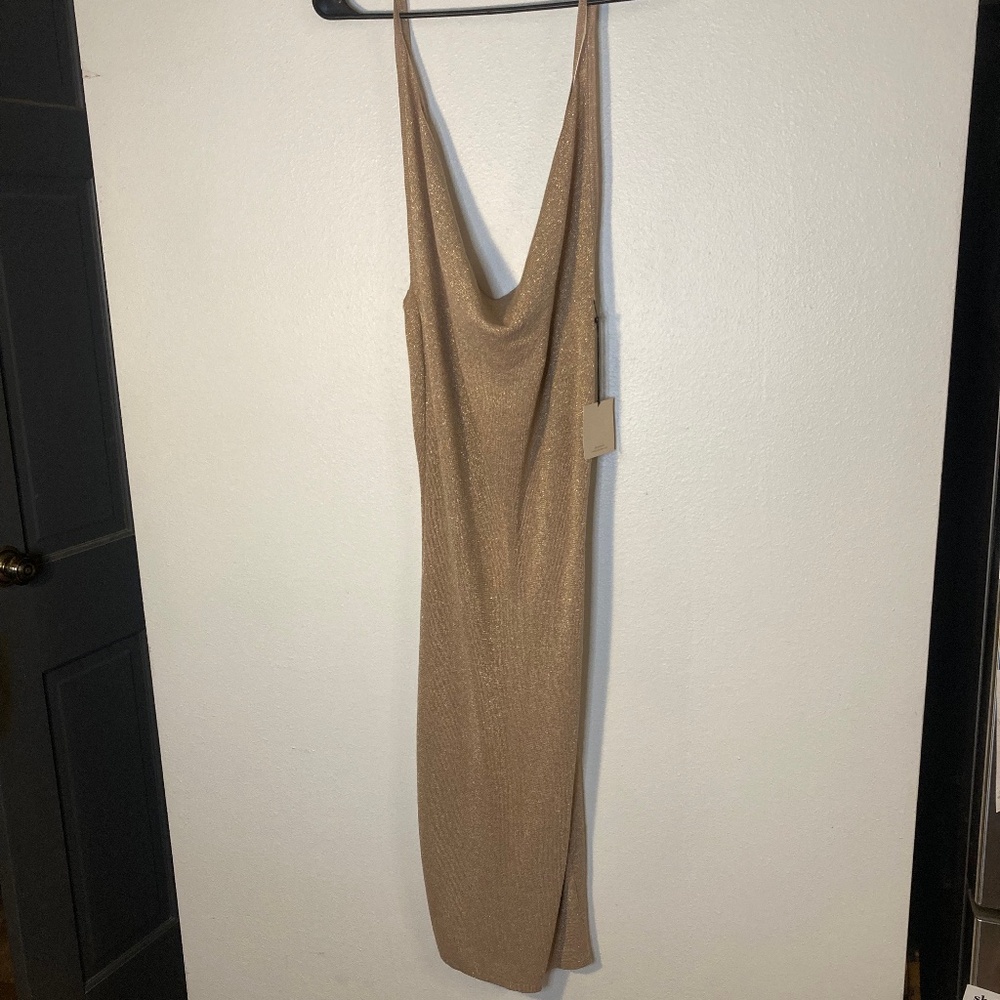 superdown cowl neck metallic leg slit sleeveless knit mini dress